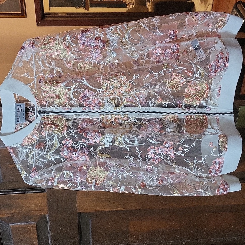 Ruff Hewn Sheer Jacket with Floral Embroidery